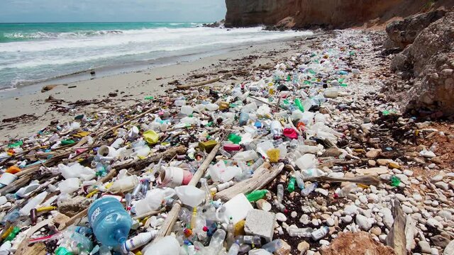 Ocean pollution with plastic waste. Sea beach with ecological garbage. The global problem of the death of marine plants and animals.