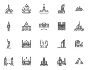 World landmarks line icons set