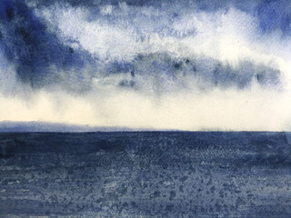 Watercolor blue sea landscape and gloomy cloudy.