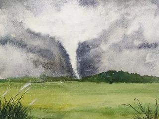 Fotobehang Watercolor painting field landscpae hurricane storm.  © atichat