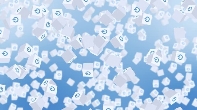 Many white cubes with power button icon floating on blue background. Digital business concept. Start up. Loop.