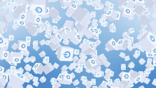Many white cubes with power button icon floating on blue background. Digital business concept. Start up. Loop.