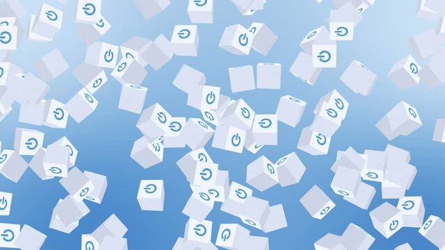 Many white cubes with power button icon floating on blue background. Digital business concept. Start up. Loop.
