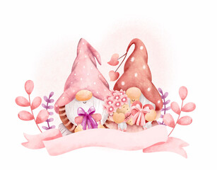 Watercolor sweet romantic couple gnome with flower 