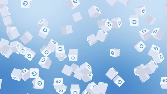 Many white cubes with power button icon floating on blue background. Digital business concept. Start up. Loop.