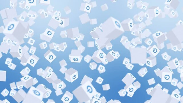 Many white cubes with power button icon floating on blue background. Digital business concept. Start up. Loop.