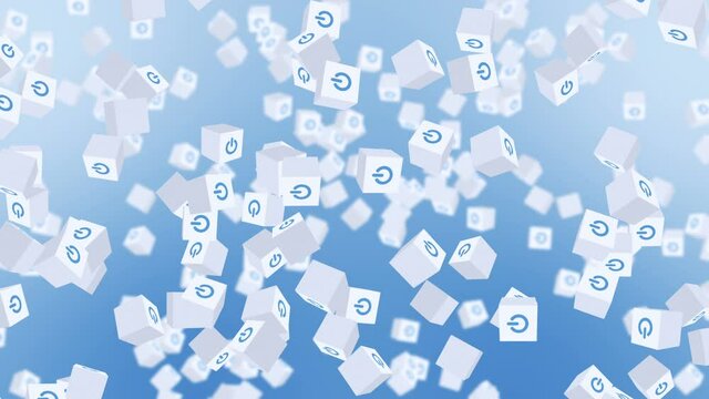 Many white cubes with power button icon floating on blue background. Digital business concept. Start up. Loop.