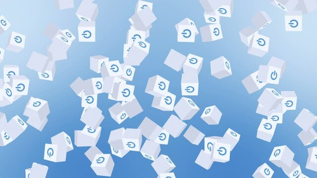 Many white cubes with power button icon floating on blue background. Digital business concept. Start up. Loop.