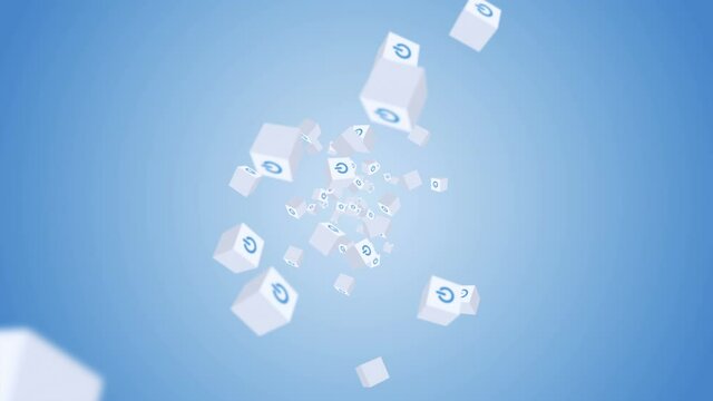 Many white cubes with power button icon floating on blue background. Digital business concept. Start up. Loop.