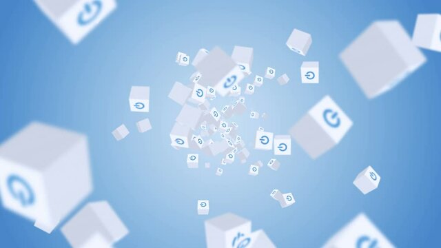 Many white cubes with power button icon floating on blue background. Digital business concept. Start up. Loop.