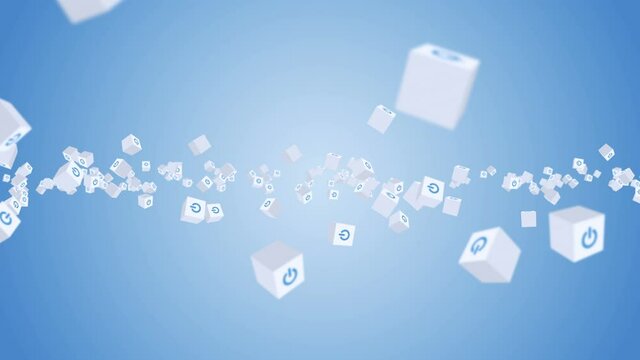Many white cubes with power button icon floating on blue background. Digital business concept. Start up. Loop.