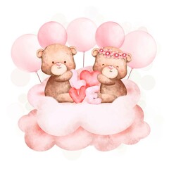 Watercolor cute couple bear and balloon on the pink cloud 
