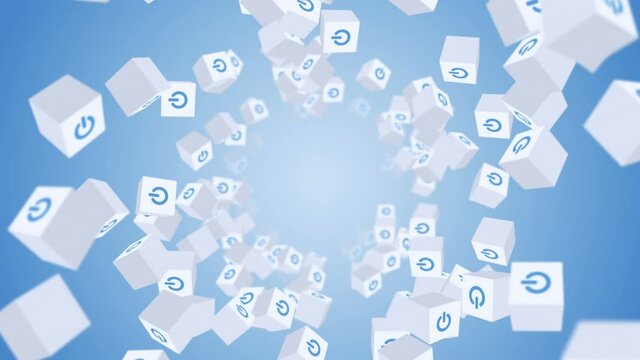 Many white cubes with power button icon floating on blue background. Digital business concept. Start up. Loop.