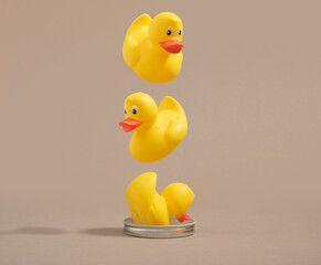 Yellow rubber ducks fly from top to bottom one by one and fall in  pipe. Vertical dynamic movement.