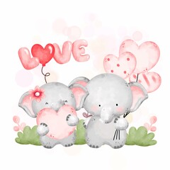 Watercolor cute couple elephant with balloon in the garden 