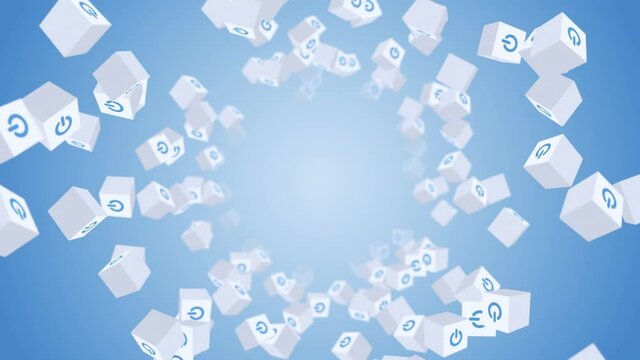 Many white cubes with power button icon floating on blue background. Digital business concept. Start up. Loop.