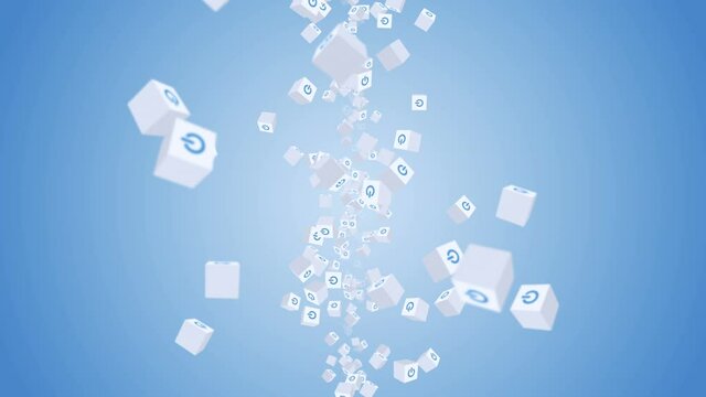 Many white cubes with power button icon floating on blue background. Digital business concept. Start up. Loop.
