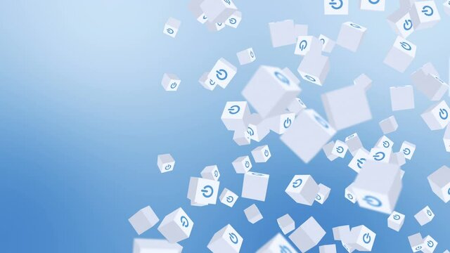 Many white cubes with power button icon floating on blue background. Digital business concept. Start up. Loop.