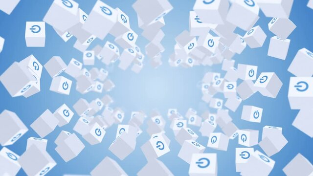 Many white cubes with power button icon floating on blue background. Digital business concept. Start up. Loop.