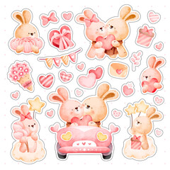 Obraz premium Watercolor cute rabbit with love elements sticker set 