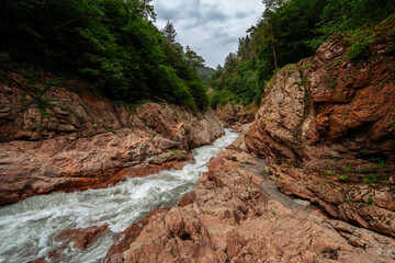Fototapeta na wymiar Granite Canyon of the Belaya River is a picturesque natural monument of the Western Caucasus, Maikop district, between Dakhovskaya and Khamyshki, Republic of Adygea, Russia