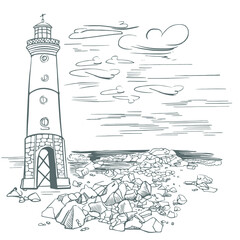 Lighthouse on the shore of a rocky island. Lighthouse in retro style sketch