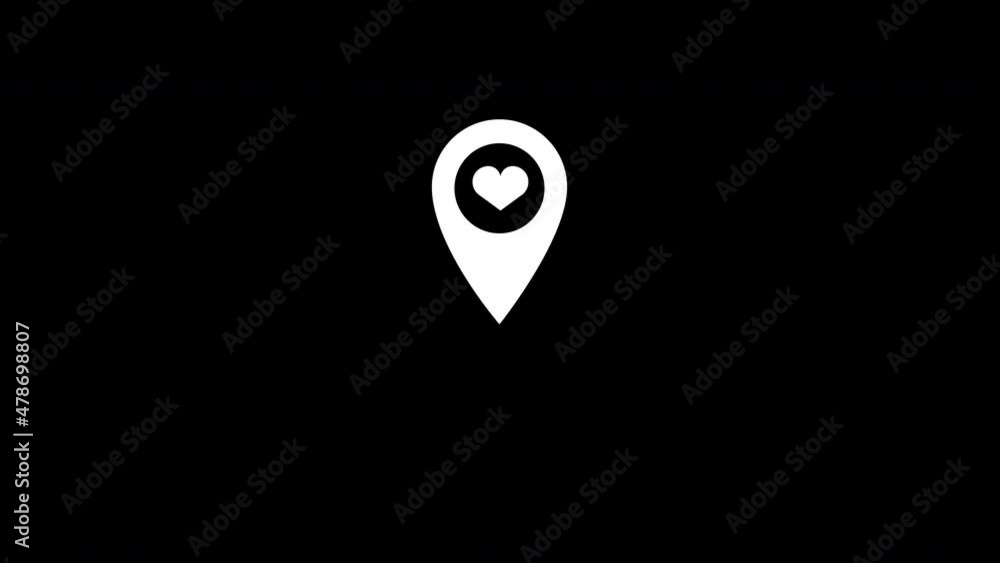 Poster map pin and heart icon animated isolated on black background.icon to improve project and explainer v