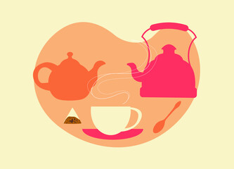 tea party, a collection of elements of the tea ceremony. teapots, mug and saucer, spoon and tea bag