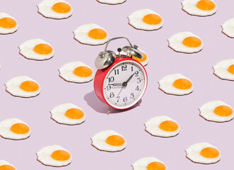 Pattern of cooked fried eggs and alarm clock in the center. Idea wake up, breakfast, work or study. Typical everyday life.
