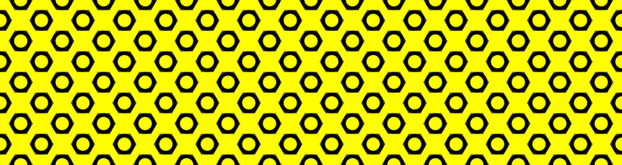 Seamless pattern. Image of a nut on a yellow background. black hexagon. Banner for insertion into site. 3d rendering. 3d image.