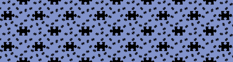 Seamless pattern. image of black puzzle elements on pastel blue backgrounds. riddle. Template for applying to surface. Banner for insertion into site. 3D image. 3D rendering.