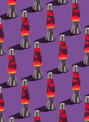Colorful lava lamps on purple background. Pattern of pop art style. Retro composition of mystery...