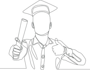 Single continuous line drawing of young man graduation after finish the study at college. Minimalism concept one line draw graphic design vector illustration.