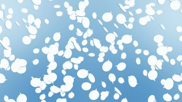 Many speech bubble icons floating on blue background. Symbol of network communication. Business concept. Loop animation.