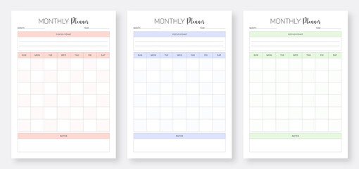 Monthly planner pages design collection set. Minimalist planner pages templates. 3 Set of minimalist planners, Monthly planner bundle set. Printable Planner Set 2022. - obrazy, fototapety, plakaty