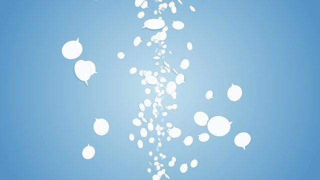 Many speech bubble icons floating on blue background. Symbol of network communication. Business concept. Loop animation.