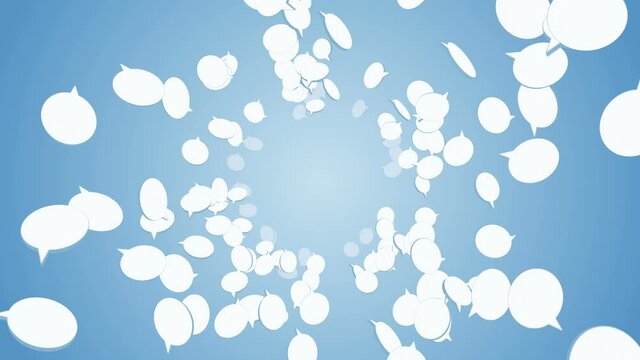 Many speech bubble icons floating on blue background. Symbol of network communication. Business concept. Loop animation.