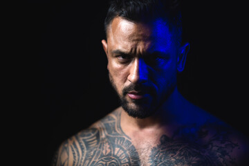 Fototapeta premium Sexy man. Close up portrait of guy with serious face.