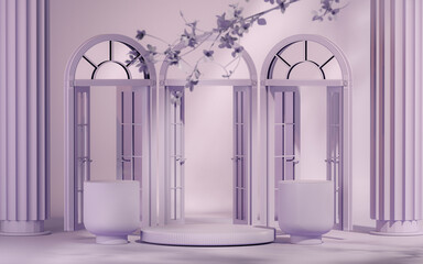 Purple door and abstract podium with sun shade and leaf shadow. Stage showcase on pedestal glass studio purple background. 3D rendering for studio and fashion presentation. Geometry shape. 
