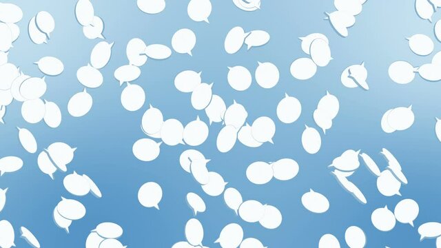 Many speech bubble icons floating on blue background. Symbol of network communication. Business concept. Loop animation.