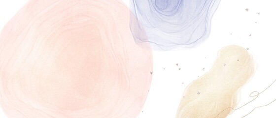 春用のアルコールインクアートの抽象横長背景）ピンクと青のブラウンの形　金色のグリッター　白背景　水彩