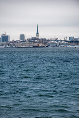 Tallinn skyline in the winter over the sea