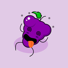 cute grape character with dizzy expression, rolling eyes, lie down and tongue sticking out. green and purple. suitable for emoticon, logo, mascot and icon