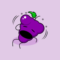 cute grape character with dizzy expression, mouth open, sit down and one hand on head. green and purple. suitable for emoticon, logo, mascot and icon
