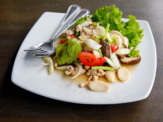Yum Hed Con, Thai Mushroom and Mix Vegetables Spicy Salad, Shiitake, oyster mushroom and enokitake