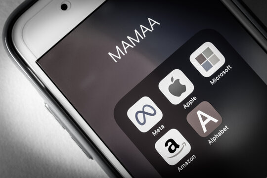 Kumamoto, JAPAN - Nov 2 2021 : The Icons Of MAMAA, Stands For Meta, Apple, Microsoft, Amazon, And Alphabet Inc (Google's Parent Company), 5 US Tech Giants In The IT Industry, On IPhone In Monochrome.