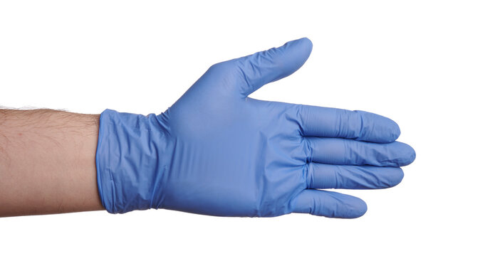 Nitrile gloved hand shows to the right direction. Human arm points to the right. Isolated photo on a white background. Blue nitrile glove on a human hand. Right protection for surgical procedures.