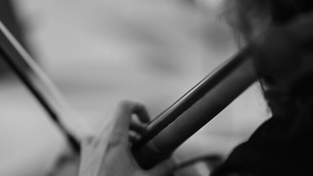 Musician playing classic cello with hands and bow