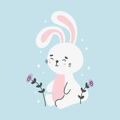 Cute smiling rabbit among flowers vector flat illustration. Baby happy animal with colorful flowering plant.