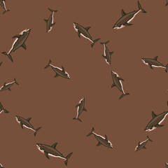 Seamless pattern shark on brown background. Texture of marine fish for any purpose.